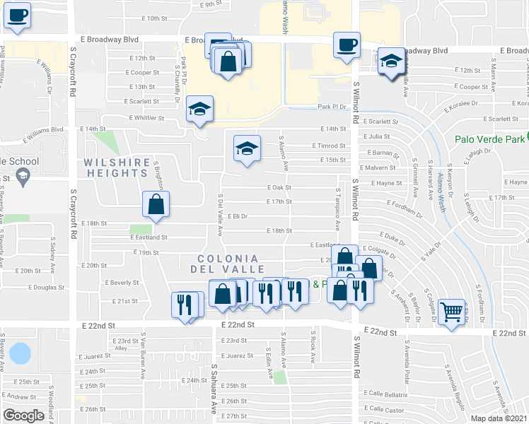 map of restaurants, bars, coffee shops, grocery stores, and more near 6011 East Eli Drive in Tucson