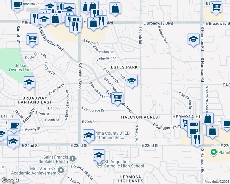 map of restaurants, bars, coffee shops, grocery stores, and more near 722 South Front Royal Drive in Tucson