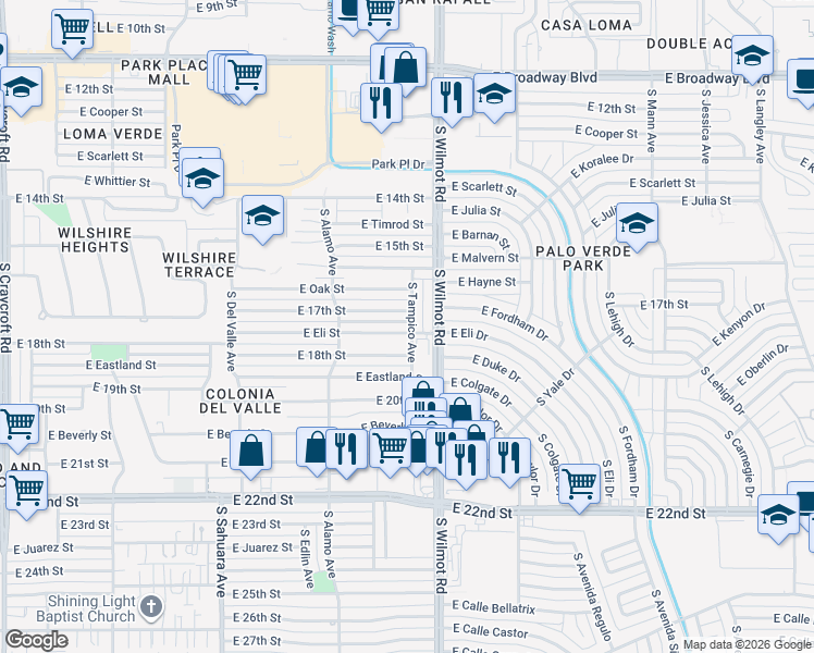 map of restaurants, bars, coffee shops, grocery stores, and more near 6231 East Eli Street in Tucson