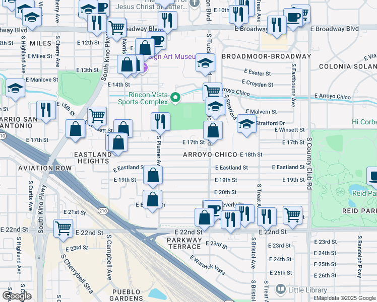 map of restaurants, bars, coffee shops, grocery stores, and more near 2347 East 18th Street in Tucson