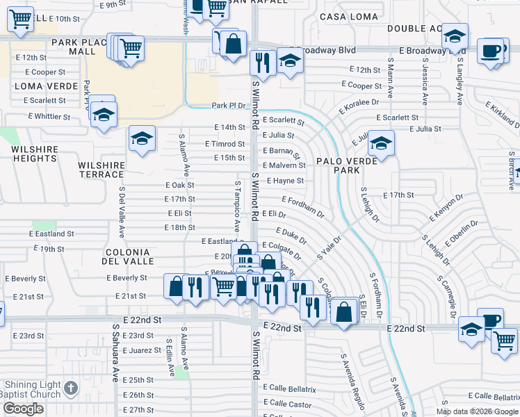 map of restaurants, bars, coffee shops, grocery stores, and more near 6305 East Eli Drive in Tucson