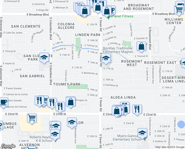 map of restaurants, bars, coffee shops, grocery stores, and more near 4628 East Montecito Street in Tucson