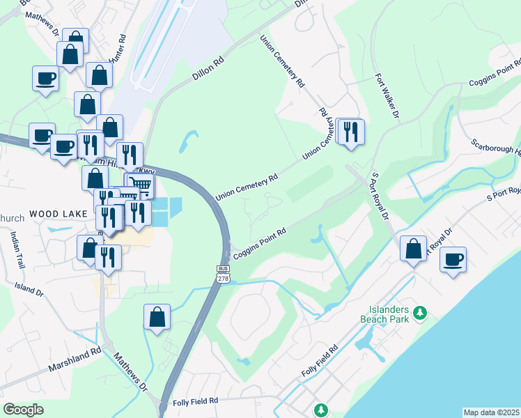 map of restaurants, bars, coffee shops, grocery stores, and more near 1 Coggins Point Road in Hilton Head Island