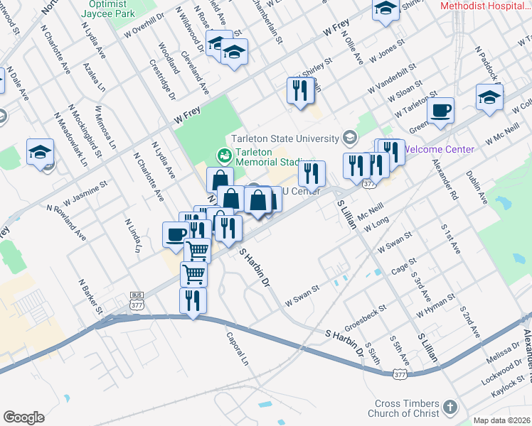 map of restaurants, bars, coffee shops, grocery stores, and more near 1928 West Turner Street in Stephenville