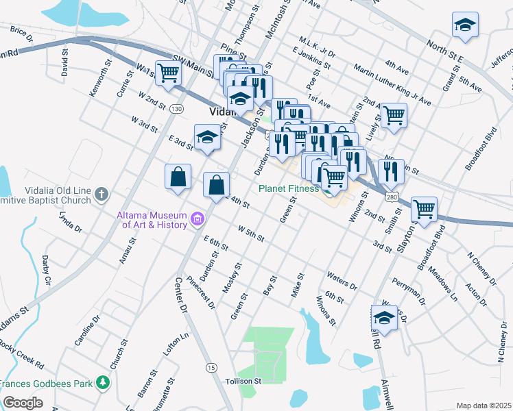 map of restaurants, bars, coffee shops, grocery stores, and more near 306 East 4th Street in Vidalia