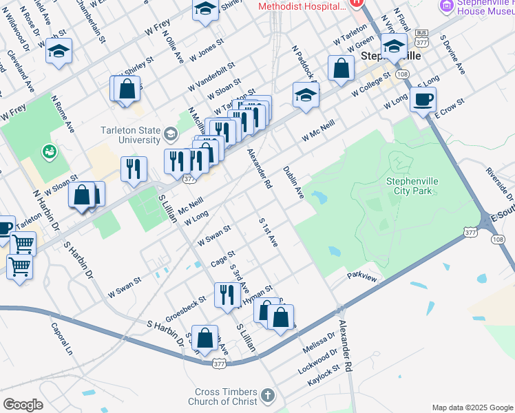 map of restaurants, bars, coffee shops, grocery stores, and more near 491 South 1st Avenue in Stephenville