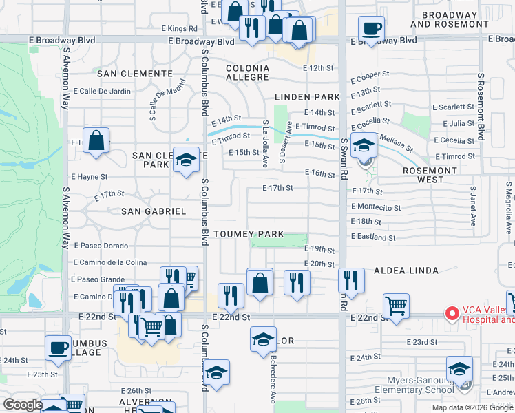 map of restaurants, bars, coffee shops, grocery stores, and more near 4426 East Montecito Street in Tucson