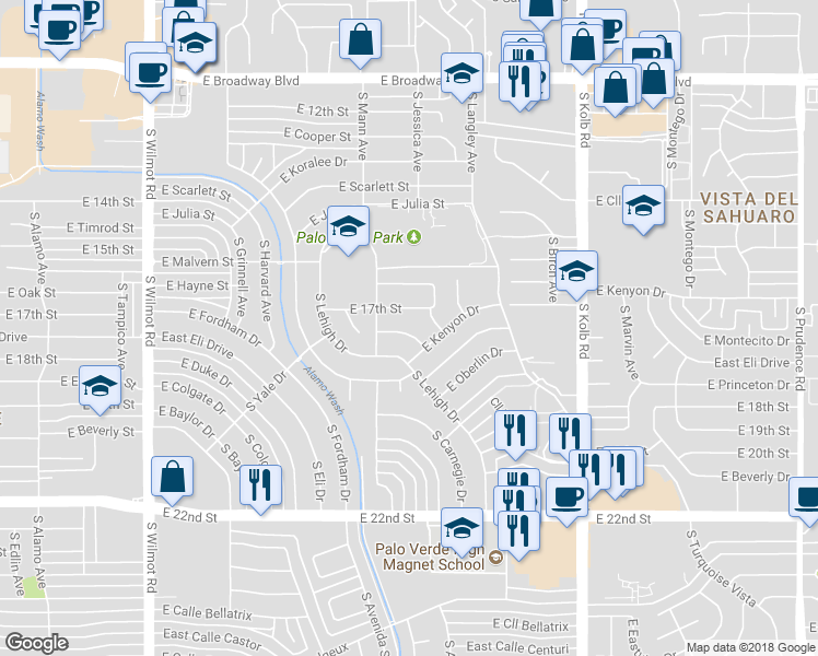 map of restaurants, bars, coffee shops, grocery stores, and more near 6743 East Montecito Drive in Tucson