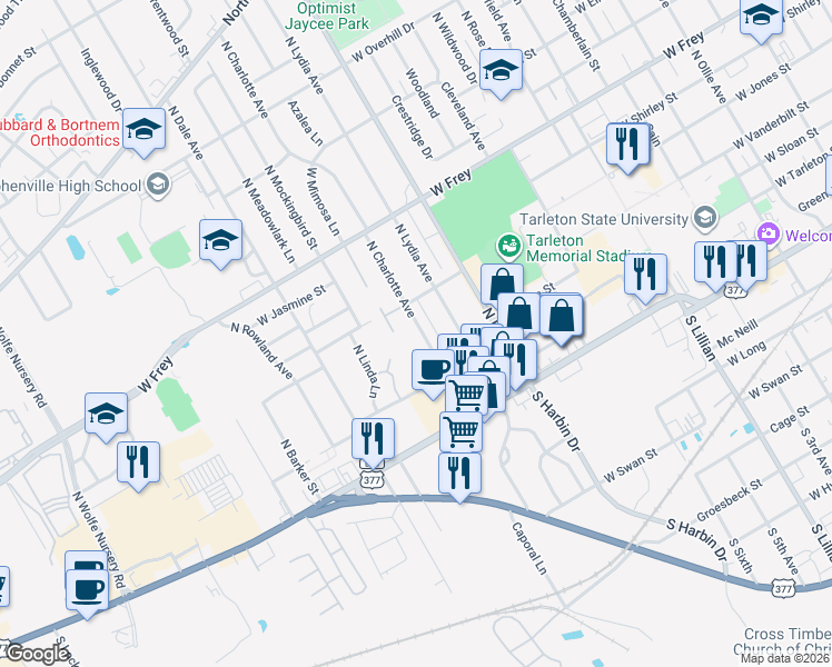 map of restaurants, bars, coffee shops, grocery stores, and more near 570 North Charlotte Avenue in Stephenville