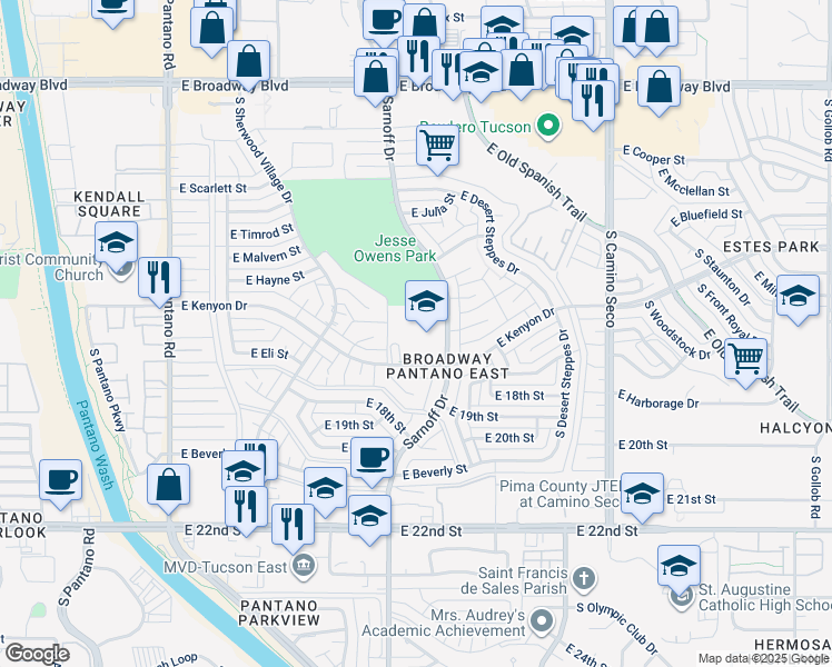 map of restaurants, bars, coffee shops, grocery stores, and more near 700 South Sarnoff Drive in Tucson