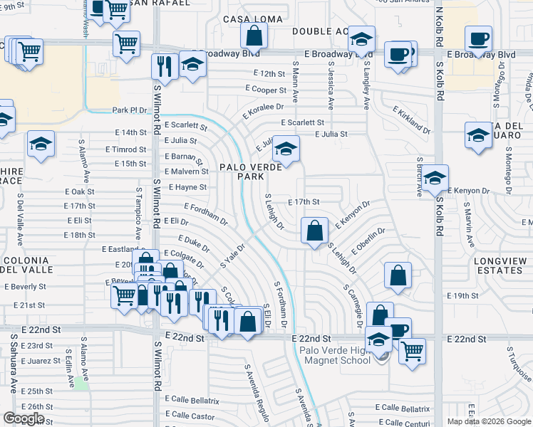 map of restaurants, bars, coffee shops, grocery stores, and more near 649 South Kenyon Drive in Tucson