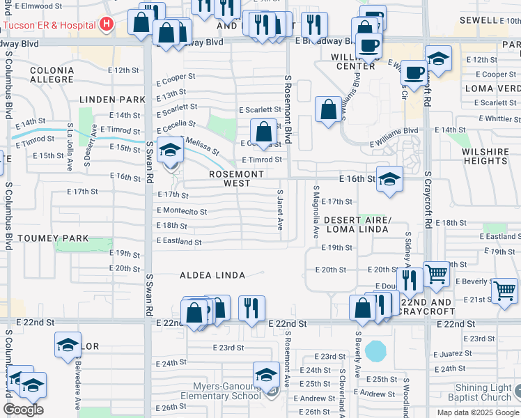 map of restaurants, bars, coffee shops, grocery stores, and more near 4910 East Montecito Street in Tucson