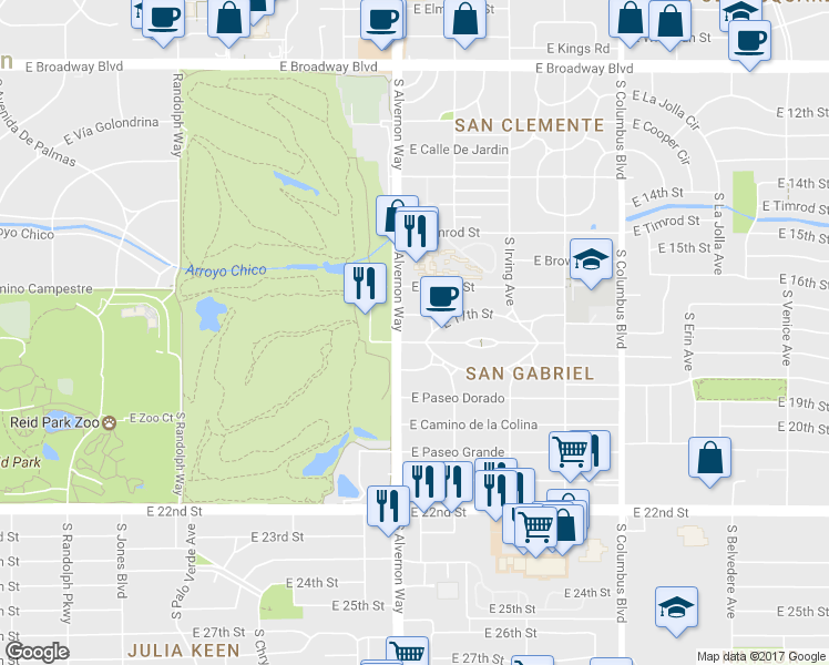 map of restaurants, bars, coffee shops, grocery stores, and more near 3937 East Montecito Street in Tucson