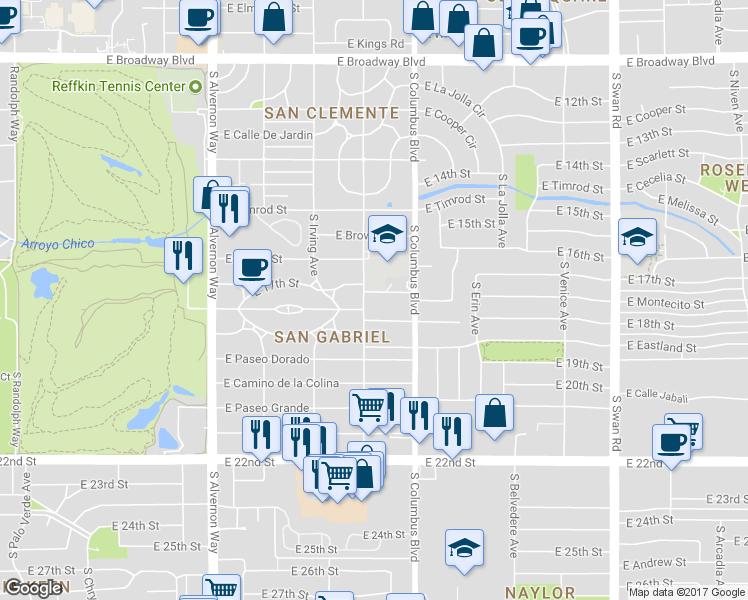 map of restaurants, bars, coffee shops, grocery stores, and more near 4210 East Marion Trail in Tucson