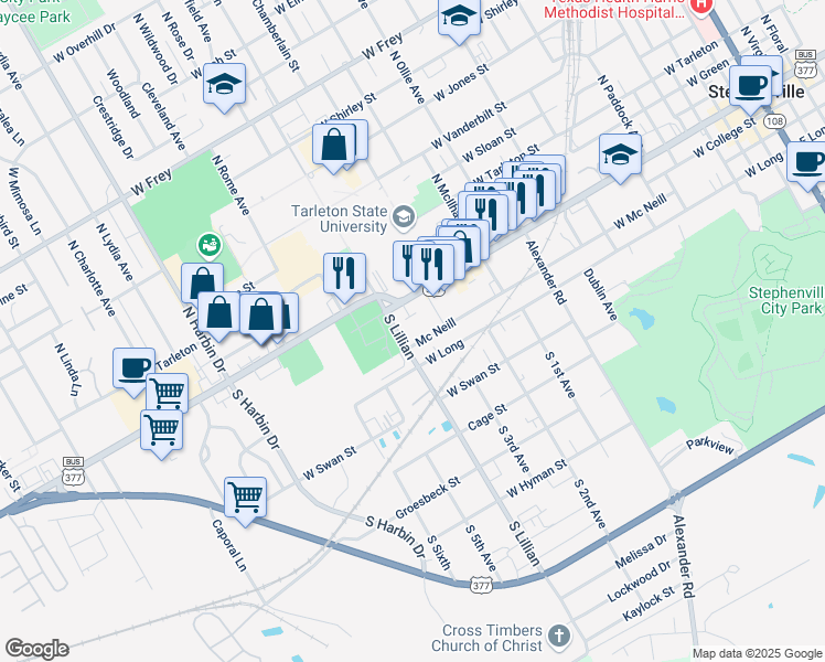 map of restaurants, bars, coffee shops, grocery stores, and more near 1490 West Mc Neill in Stephenville