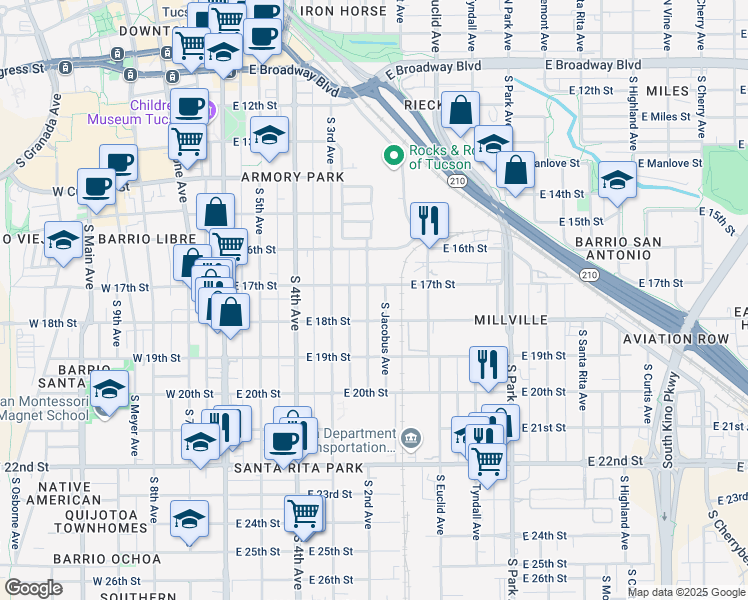 map of restaurants, bars, coffee shops, grocery stores, and more near 732 South 2nd Avenue in Tucson