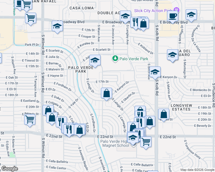 map of restaurants, bars, coffee shops, grocery stores, and more near 6728 East Montecito Drive in Tucson