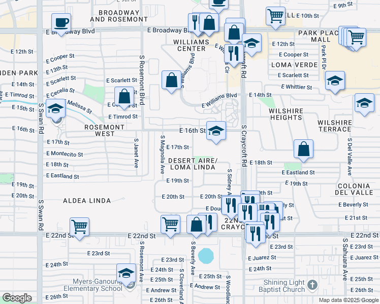 map of restaurants, bars, coffee shops, grocery stores, and more near 5259 East 18th Street in Tucson
