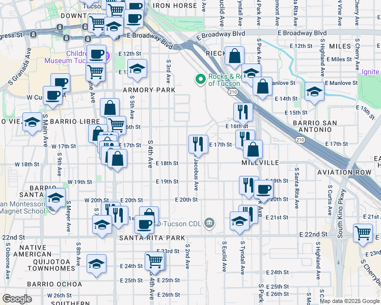 map of restaurants, bars, coffee shops, grocery stores, and more near 717 South 2nd Avenue in Tucson