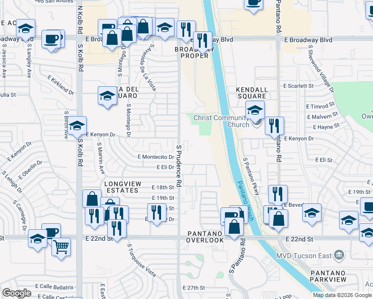 map of restaurants, bars, coffee shops, grocery stores, and more near 625 South Prudence Road in Tucson