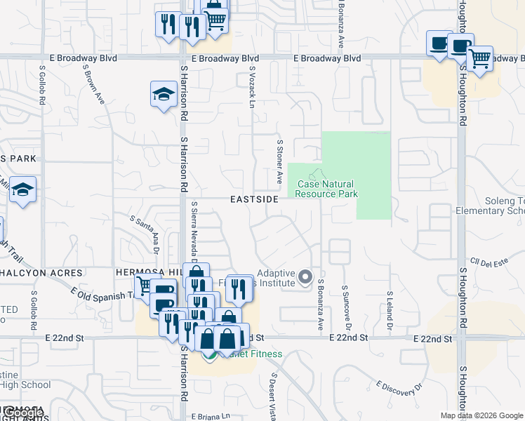 map of restaurants, bars, coffee shops, grocery stores, and more near 697 South Lucinda Drive in Tucson
