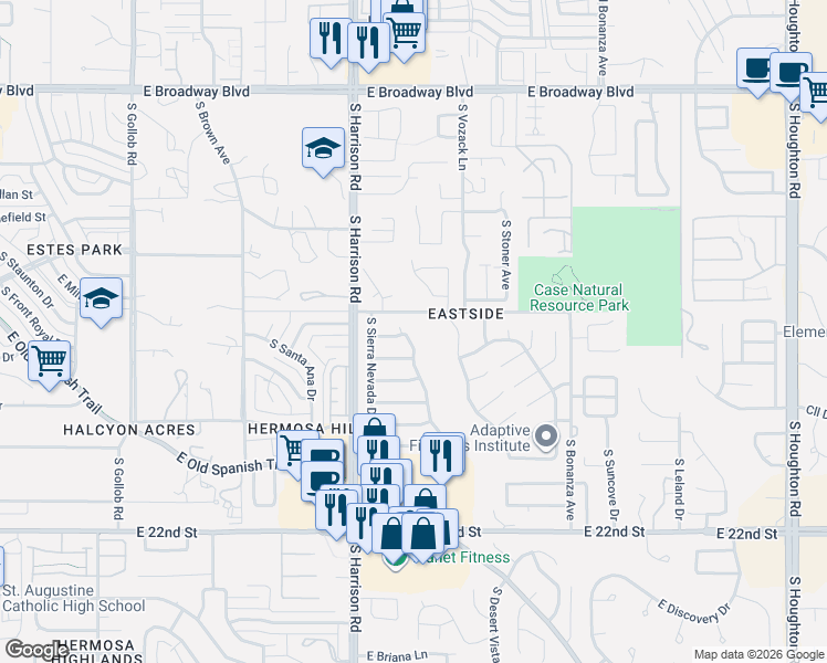 map of restaurants, bars, coffee shops, grocery stores, and more near 711 South Smokey Mountains Road in Tucson