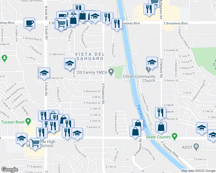 map of restaurants, bars, coffee shops, grocery stores, and more near 625 South Prudence Road in Tucson