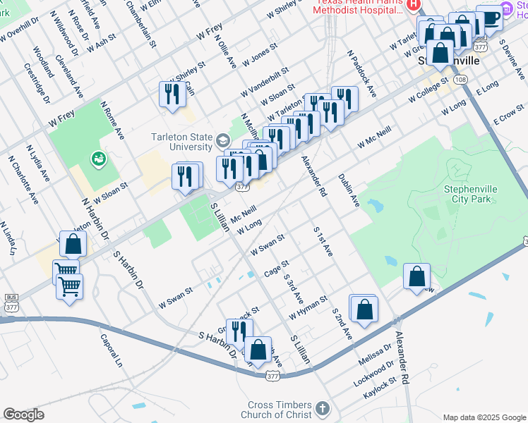 map of restaurants, bars, coffee shops, grocery stores, and more near 1418 West McNeill Street in Stephenville