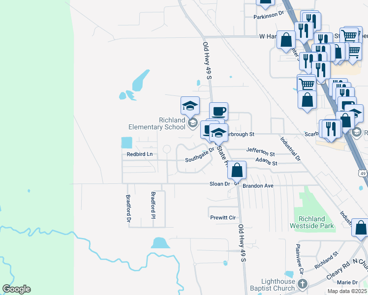 map of restaurants, bars, coffee shops, grocery stores, and more near 125 Southridge Road in Richland