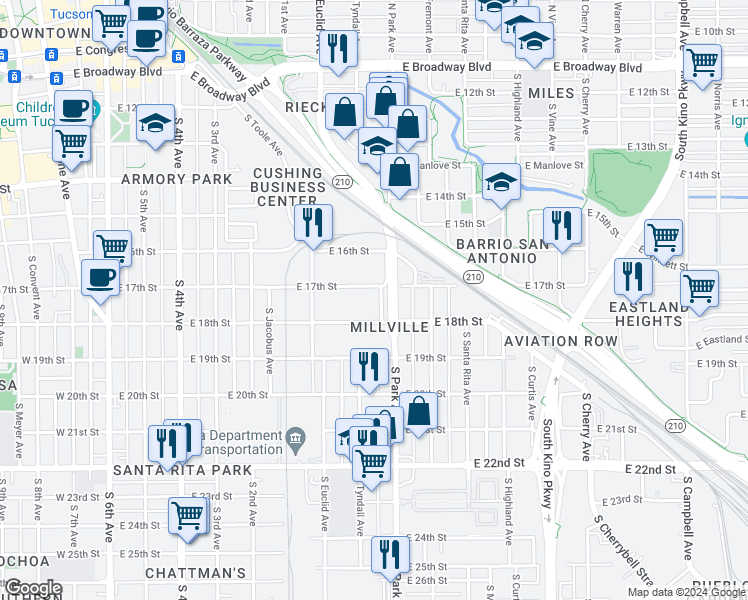 map of restaurants, bars, coffee shops, grocery stores, and more near 960 East 17th Street in Tucson
