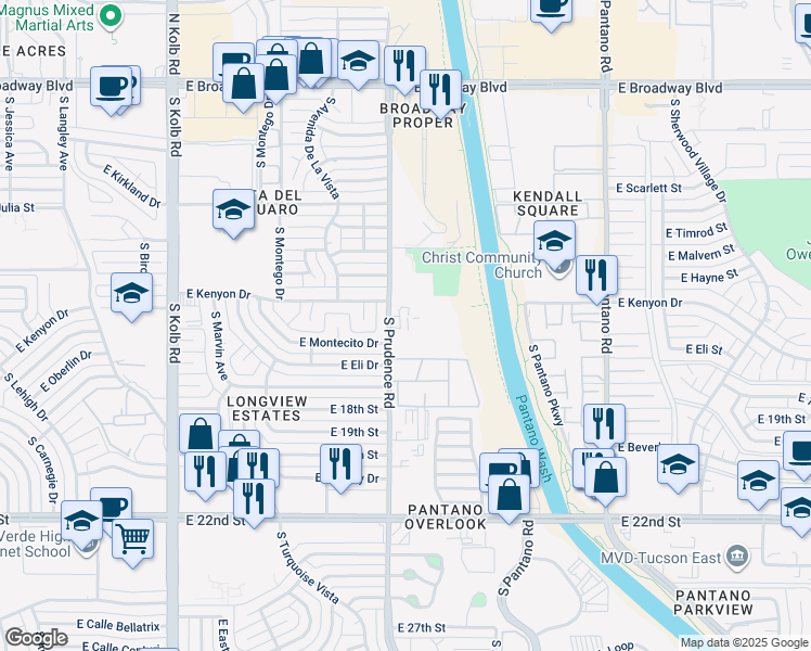 map of restaurants, bars, coffee shops, grocery stores, and more near 621 South Kacee Avenue in Tucson