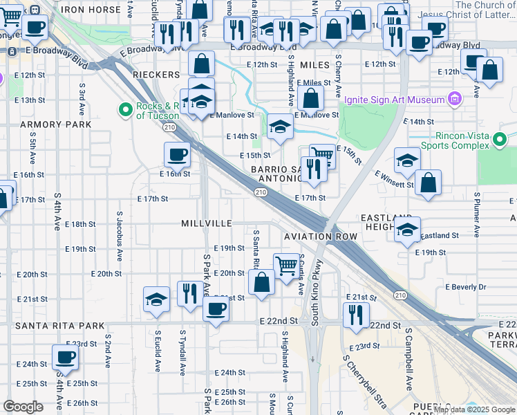 map of restaurants, bars, coffee shops, grocery stores, and more near 1055 East 18th Street in Tucson