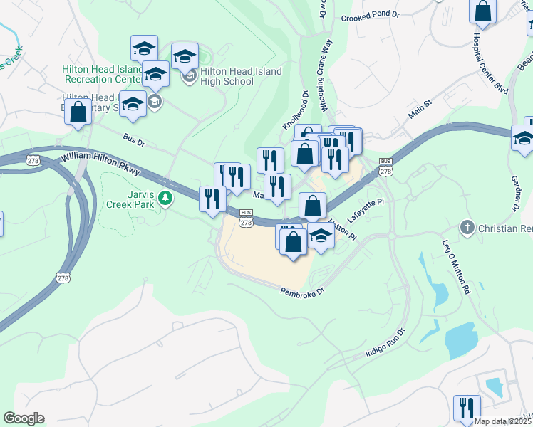 map of restaurants, bars, coffee shops, grocery stores, and more near 301 William Hilton Parkway in Hilton Head Island