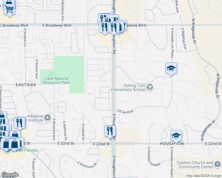 map of restaurants, bars, coffee shops, grocery stores, and more near 10270 East Juniper Basin Lane in Tucson