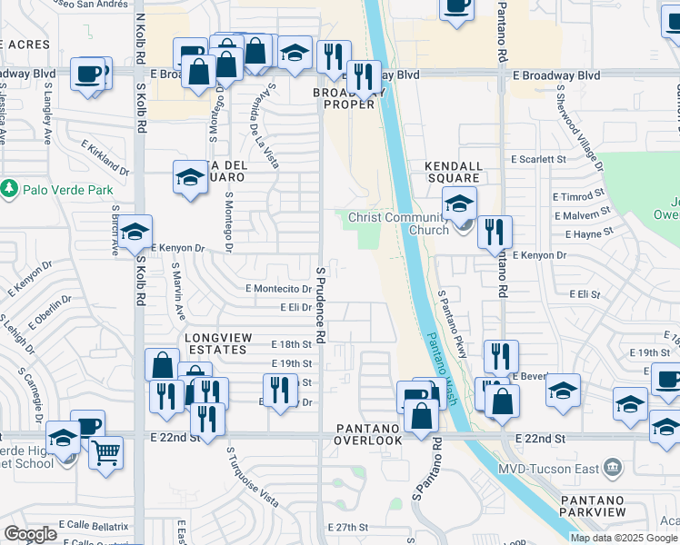 map of restaurants, bars, coffee shops, grocery stores, and more near 625 South Prudence Road in Tucson