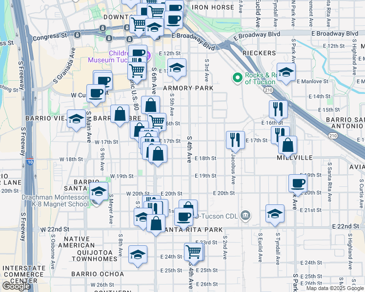 map of restaurants, bars, coffee shops, grocery stores, and more near 712 South 4th Avenue in Tucson