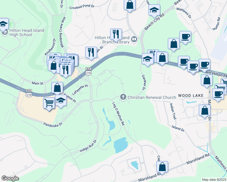 map of restaurants, bars, coffee shops, grocery stores, and more near 110 Gardner Drive in Hilton Head Island