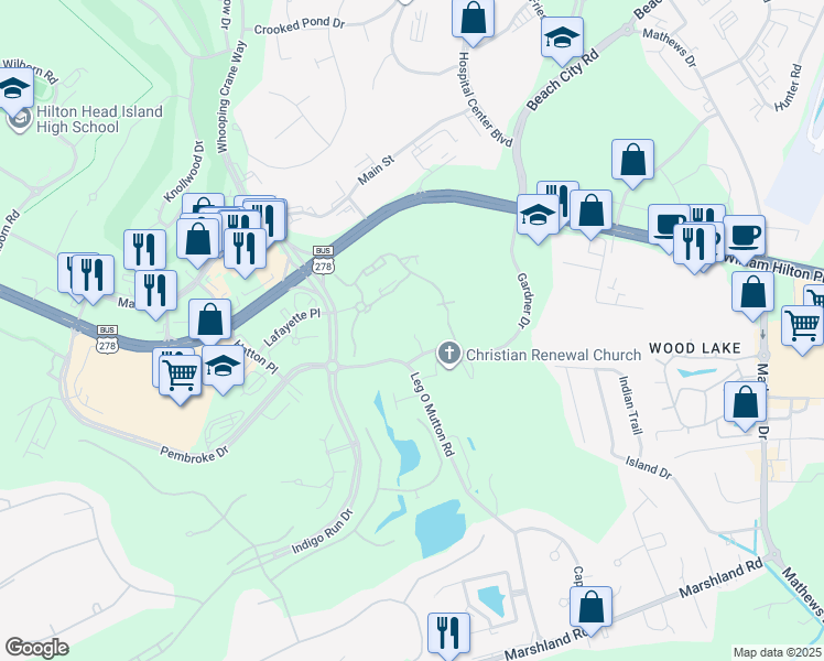 map of restaurants, bars, coffee shops, grocery stores, and more near 110 Gardner Drive in Hilton Head Island