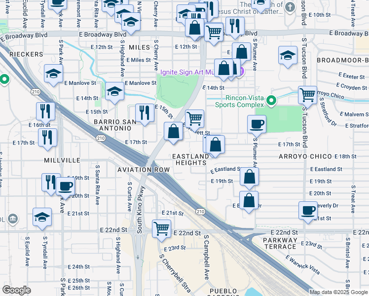 map of restaurants, bars, coffee shops, grocery stores, and more near 1805 East 18th Street in Tucson