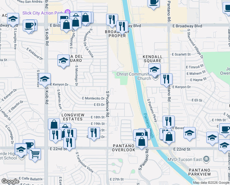 map of restaurants, bars, coffee shops, grocery stores, and more near 625 South Prudence Road in Tucson