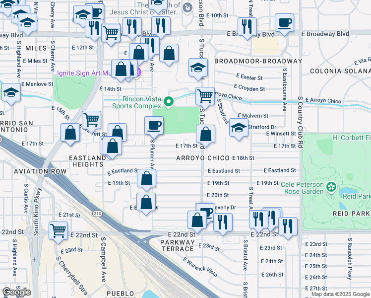 map of restaurants, bars, coffee shops, grocery stores, and more near 2347 East 18th Street in Tucson
