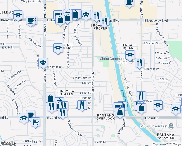 map of restaurants, bars, coffee shops, grocery stores, and more near 625 South Prudence Road in Tucson