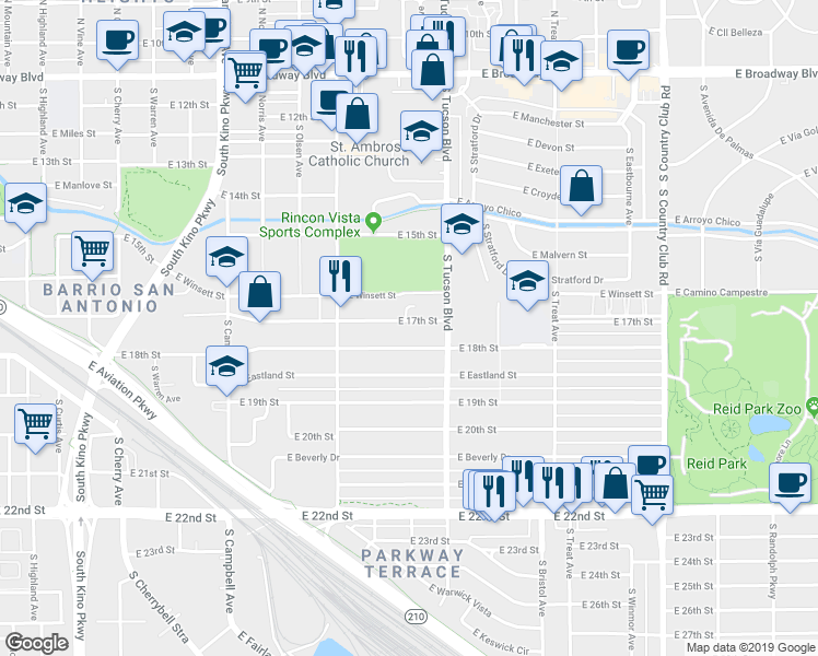 map of restaurants, bars, coffee shops, grocery stores, and more near 2352 East 17th Street in Tucson