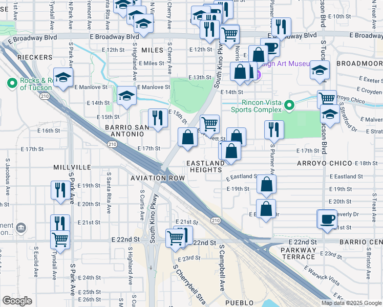 map of restaurants, bars, coffee shops, grocery stores, and more near 1805 East 18th Street in Tucson