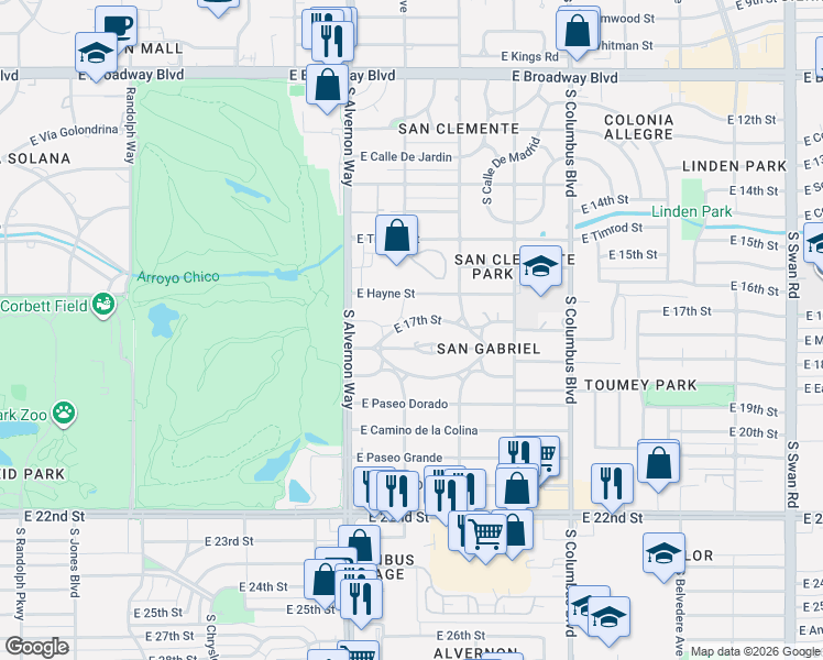 map of restaurants, bars, coffee shops, grocery stores, and more near 4026 East Montecito Street in Tucson