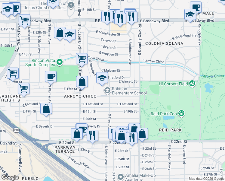 map of restaurants, bars, coffee shops, grocery stores, and more near 2807 East 18th Street in Tucson