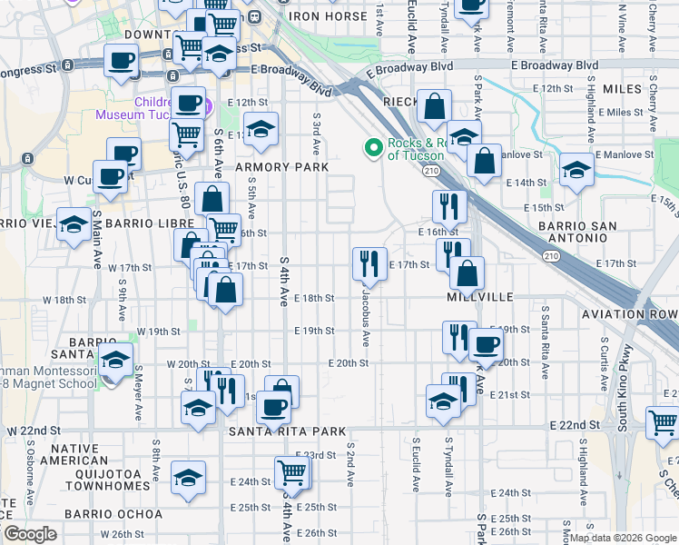 map of restaurants, bars, coffee shops, grocery stores, and more near 732 South 2nd Avenue in Tucson