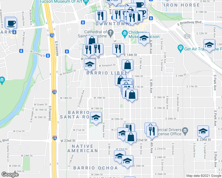 map of restaurants, bars, coffee shops, grocery stores, and more near 549 South Convent Avenue in Tucson