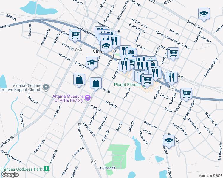map of restaurants, bars, coffee shops, grocery stores, and more near 306 East 4th Street in Vidalia