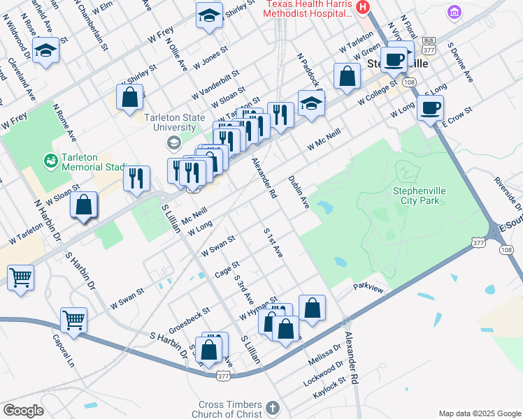 map of restaurants, bars, coffee shops, grocery stores, and more near 490 South 1st Avenue in Stephenville